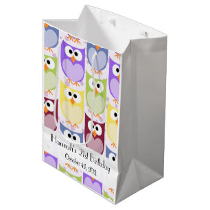 Sacola Para Presentes Média Aniversário - Corujas Coloridas - Roxo Azul Verde
