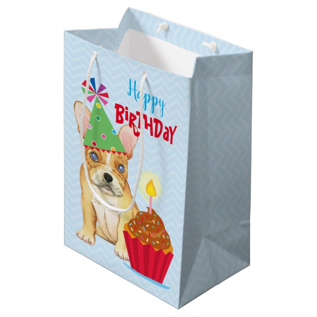 Sacola Para Presentes Média Aniversário Cupcake Francês Bulldog Média Gift Bag (Frente inclinada)