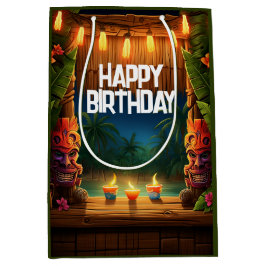Sacola Para Presentes Média Aniversário da Ilha Tropical Hawaiana, Tiki Luau