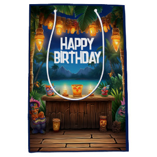 Sacola Para Presentes Média Aniversário da Ilha Tropical Hawaiana, Tiki Luau