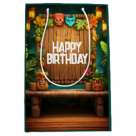 Sacola Para Presentes Média Aniversário da Ilha Tropical Hawaiana, Tiki Luau
