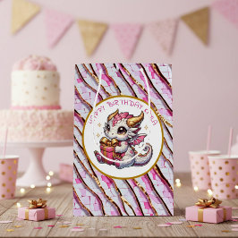 Sacola Para Presentes Média Aniversário da Menina de Dragão Dourado e Rosa