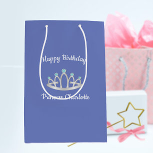 Sacola Para Presentes Média Aniversário da Princesa Azul Lavanda Tiara