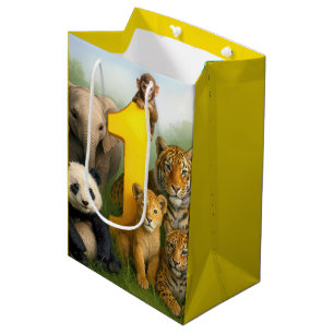 Sacola Para Presentes Média Aniversário de 1 ano Bebês Animais da Vida Selvage