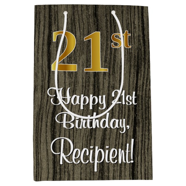 Sacola Para Presentes Média aniversário de 21 anos: Elegante Faux Dourado Look (Frente)