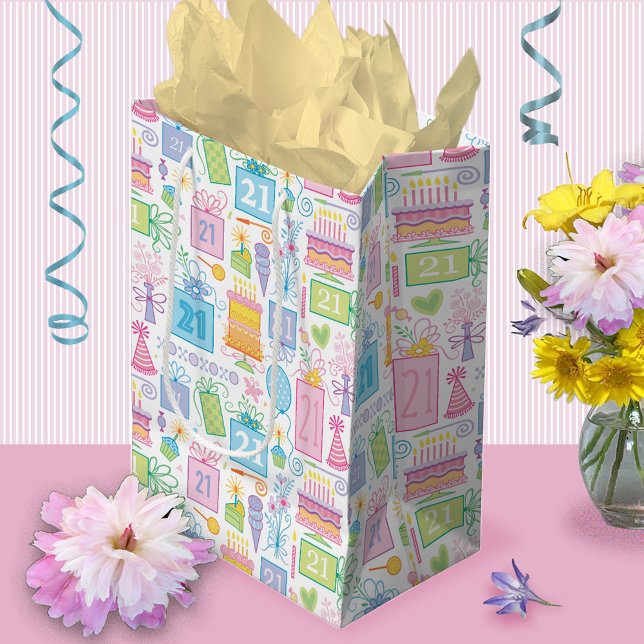 Sacola Para Presentes Média aniversário de 21 anos Pastel Pink Cake Apresenta  (Criador carregado)