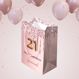 Sacola Para Presentes Média aniversário de 21 anos push pink glitter goteja mo