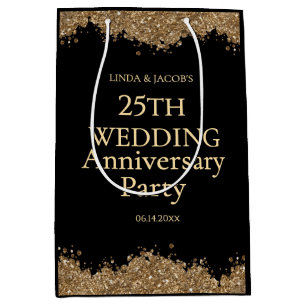 Sacola Para Presentes Média Aniversário de 25 anos de casamento dourado falso