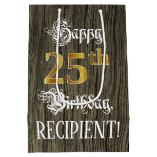 Sacola Para Presentes Média Aniversário de 25: Padrão De Madeira Faux Dourad