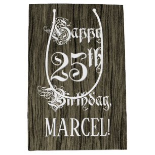 Sacola Para Presentes Média Aniversário de 25: Rico, Faux Wood Look + Nome Pe