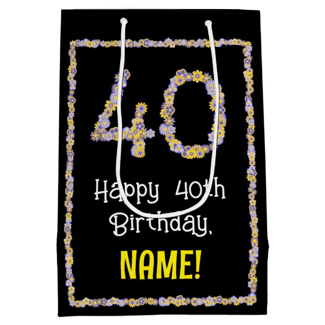 Sacola Para Presentes Média aniversário de 40 anos: Número de Flores Florais,  (Verso)