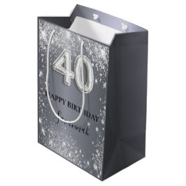 Sacola Para Presentes Média aniversário de 40 anos prata glitter name