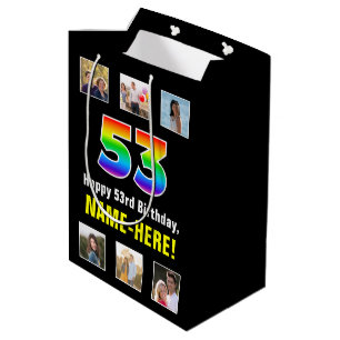 Sacola Para Presentes Média Aniversário de 53 anos: Arco-íris “53“, Fotos Pers