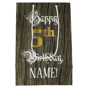 Sacola Para Presentes Média Aniversário de 5: Padrão De Madeira Faux Dourada