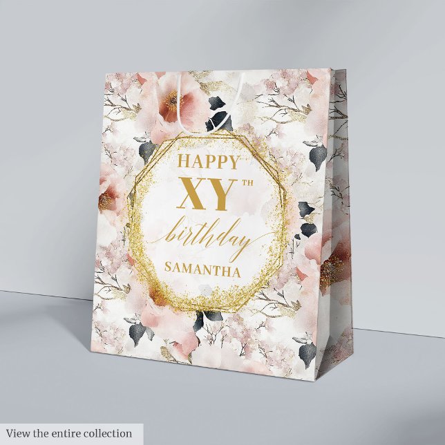 Sacola Para Presentes Média Aniversário de 80 de Aquarela Rosa e Pastel delici (Delightful Pastel Pink Watercolor 80th Birthday Medium Gift Bag)