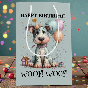 Sacola Para Presentes Média Aniversário de Cachorro Caprichoso em Aquarela