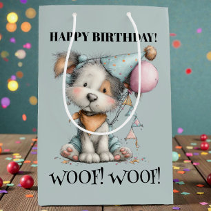 Sacola Para Presentes Média Aniversário de Cachorro Caprichoso em Aquarela