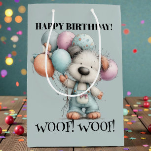 Sacola Para Presentes Média Aniversário de Cachorro Caprichoso em Aquarela