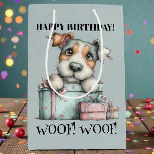 Sacola Para Presentes Média Aniversário de Cachorro Caprichoso em Aquarela