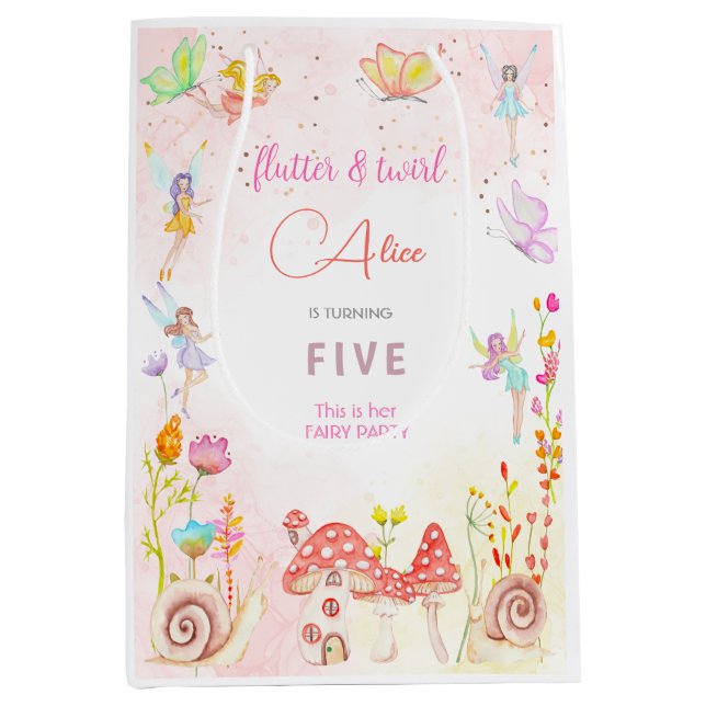 Sacola Para Presentes Média Aniversário de criança de aquarelas de fada (Frente)