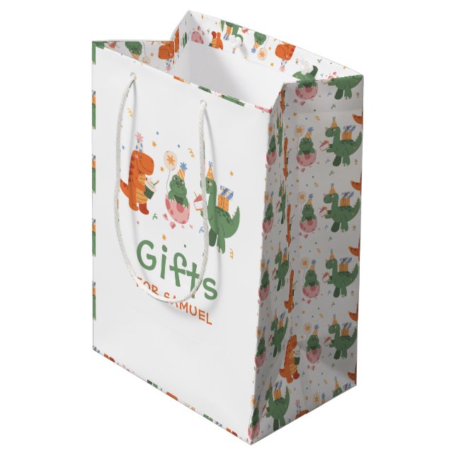 Sacola Para Presentes Média Aniversário de criança de dinossauros infantis col (Verso inclinado)