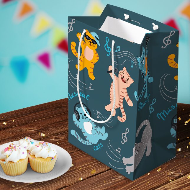 Sacola Para Presentes Média Aniversário de criança de Padrão de Gatos Musicais (Criador carregado)