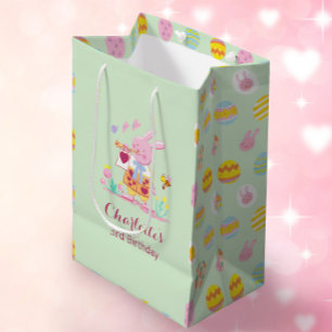 Sacola Para Presentes Média Aniversário de criança de Padrão de Ovo Cor-de-Ros