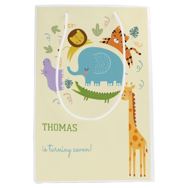 Sacola Para Presentes Média Aniversário de criança de safari selvagem (Frente)