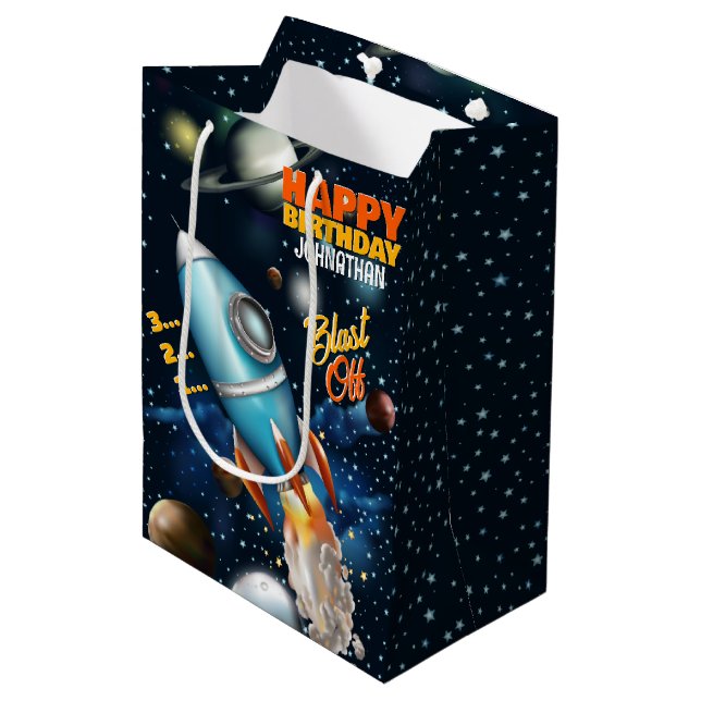 Sacola Para Presentes Média Aniversário de criança Rocketship Space Adventure (Frente inclinada)