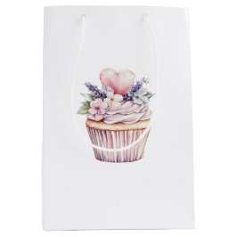Sacola Para Presentes Média Aniversário de Cupcake Floral Coração Rosa Roxo Fe