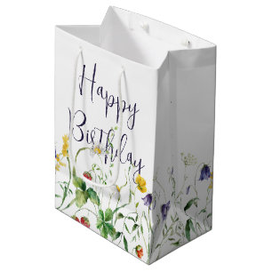 Sacola Para Presentes Média Aniversário de Flores Selvagens em Branco