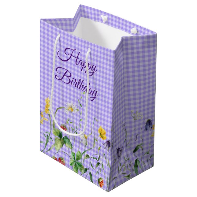 Sacola Para Presentes Média Aniversário De Flores Selvagens Em Gingham Roxo (Frente inclinada)