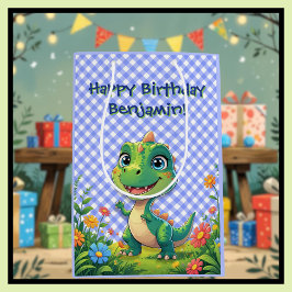 Sacola Para Presentes Média Aniversário de Gingham Azul Verde Dinossauro