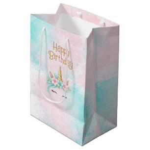 Sacola Para Presentes Média Aniversário de Menina Unicórnio Rosa e Turquesa