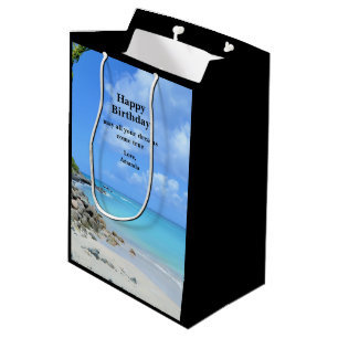 Sacola Para Presentes Média Aniversário de Praia Tropical Turquesa Linda