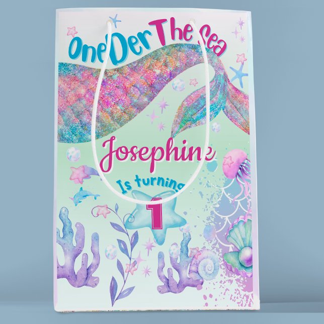 Sacola Para Presentes Média Aniversário de um ano com tema de sereia em aquare (Criador carregado)