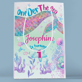 Sacola Para Presentes Média Aniversário de um ano da sereia aquarela