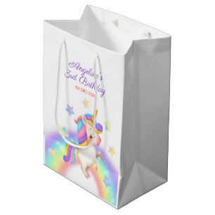 Sacola Para Presentes Média Aniversário de Unicórnio Arco-Íris Pastel Mágico