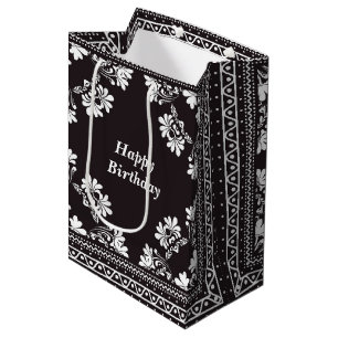 Sacola Para Presentes Média Aniversário Design Bandanna Negra e Branca