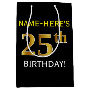Sacola Para Presentes Média Aniversário do 25 Dourado preto, preto + nome pers