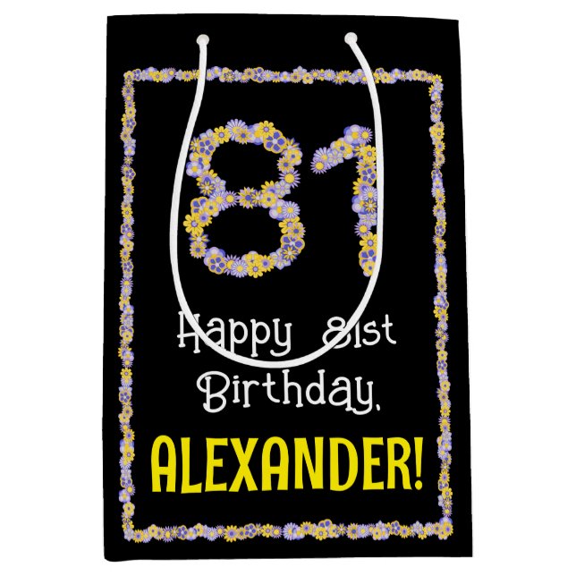 Sacola Para Presentes Média Aniversário do 81rua: Número de Flores, Nome Perso (Frente)