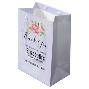Sacola Para Presentes Média Aniversário do Buquê de Flor de Água Rosa Elega