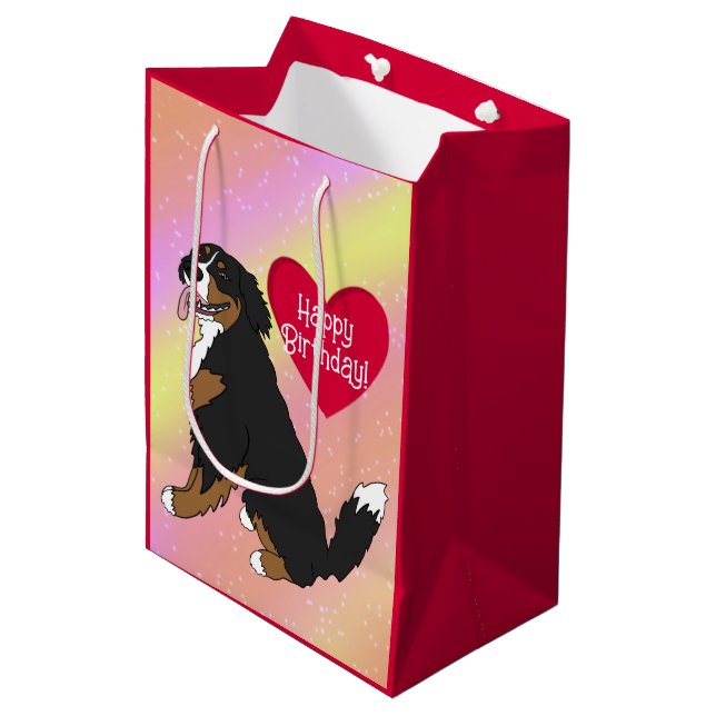 Sacola Para Presentes Média Aniversário do Cão de Montanha Bernês (Frente inclinada)