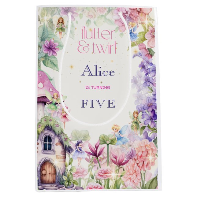 Sacola Para Presentes Média Aniversário do "Flautiter and twirt Fairy Garden W (Frente)