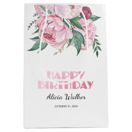 Sacola Para Presentes Média Aniversário do Folheto Rosa Peony Floral Greeneres