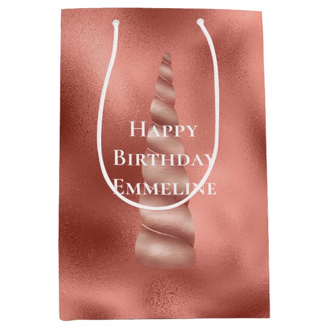 Sacola Para Presentes Média Aniversário do Glam Unicorn rosa Dourado (Frente)