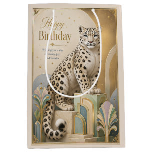 Sacola Para Presentes Média Aniversário do Leopardo da Neve Dourado Elegância