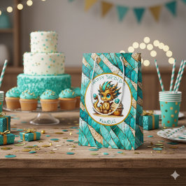 Sacola Para Presentes Média Aniversário do Menino Personalizado do Dragão Teal