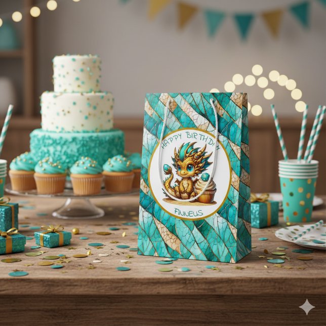 Sacola Para Presentes Média Aniversário do Menino Personalizado do Dragão Teal (Criador carregado)