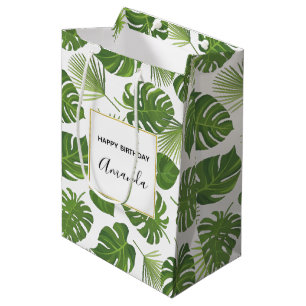 Sacola Para Presentes Média Aniversário do Padrão de Folhas Tropicais na mod